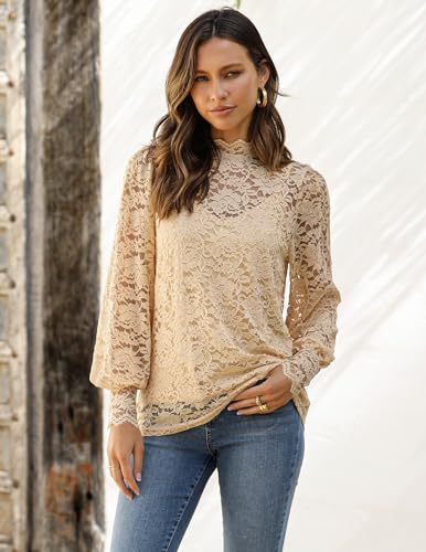 HOTOUCH Lace Blouses for Women Long Sleeve Top Sexy Mock Neck Lantern Sleeve Date Night Shirts with Camisole Beige S - Image 3
