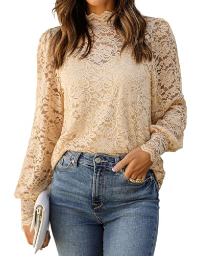 HOTOUCH Lace Blouses for Women Long Sleeve Top Sexy Mock Neck Lantern Sleeve Date Night Shirts with Camisole Beige S - Image 1