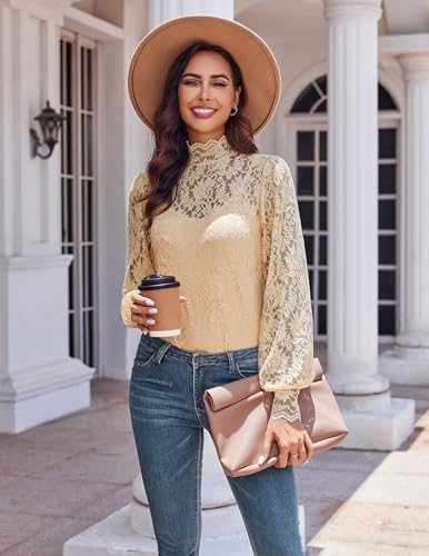 HOTOUCH Lace Blouses for Women Long Sleeve Top Sexy Mock Neck Lantern Sleeve Date Night Shirts with Camisole Beige S - Image 2