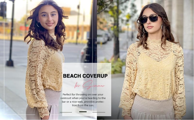 HOTOUCH Lace Blouses for Women Long Sleeve Top Sexy Mock Neck Lantern Sleeve Date Night Shirts with Camisole Beige S - Image 5