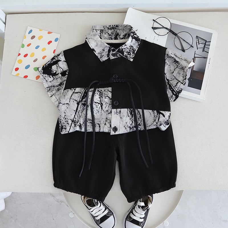 Free Shipping Yikids boys summer Chinese-style suit baby Western-style Chinese short-sleeved shorts two-piece suit Black-Splicing Ink Painting Shirt