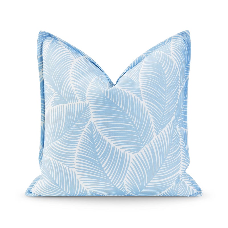 Hofdeco Premium Coastal Hampton Style Patio Indoor Outdoor Pillow Cover Only, 20"x20" Water Resistant for Backyard, Couch, Baby Blue Palm Leaf - Image 1