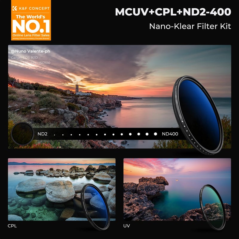 K&F Concept 67mm UV/CPL/ND2-400 Lens Filters Kit (3 PCS)-18 Multi-Layer Coatings, UV + Polarizer + Variable ND Lens Filters Kit (1-9 Stops) + Cleaning Cloth+ Filter Pouch for Camera Lens (K-Series) - Image 2