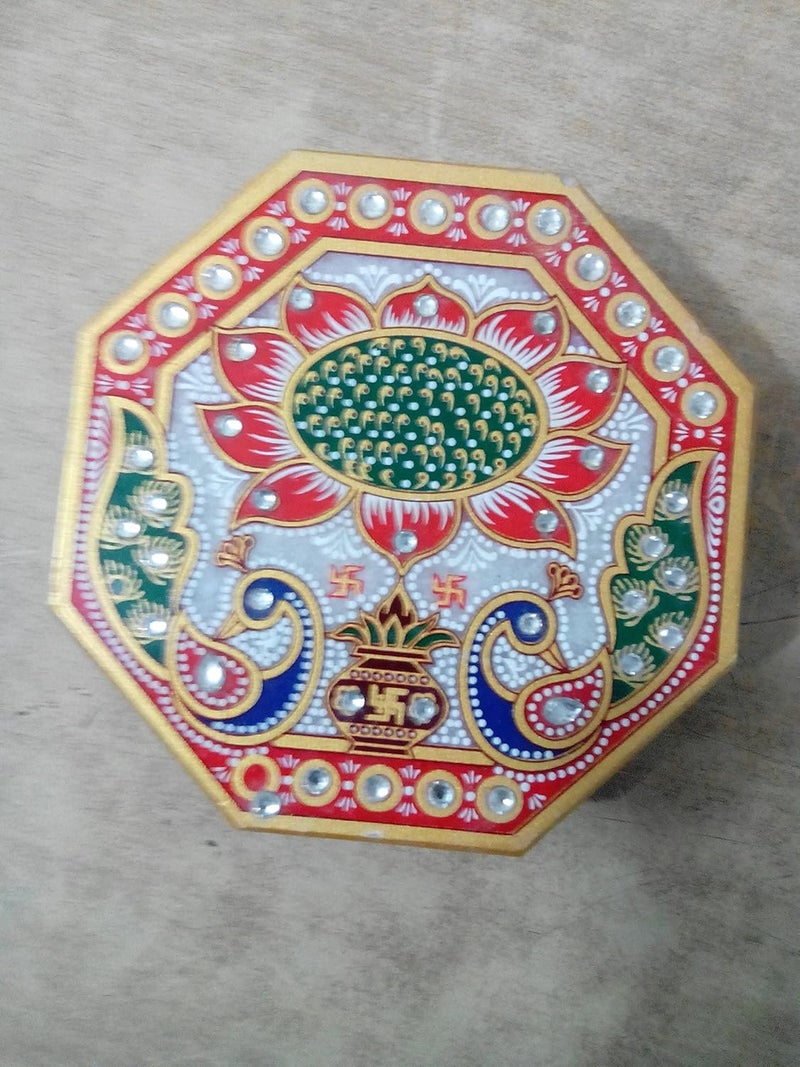 RM Marble Octagonal Puja Chawki for Puja Place Home Decoration Rameshwaram Marble Chowki with Meenakari Work - Image 1