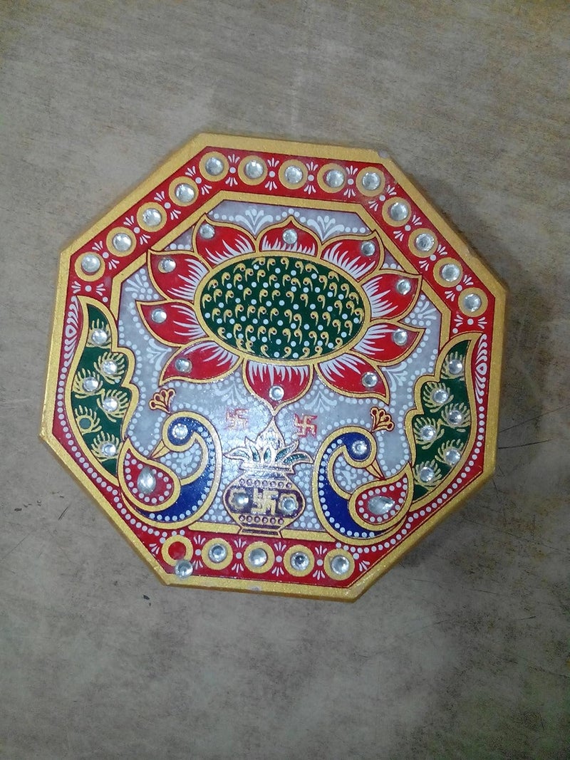 RM Marble Octagonal Puja Chawki for Puja Place Home Decoration Rameshwaram Marble Chowki with Meenakari Work - Image 2