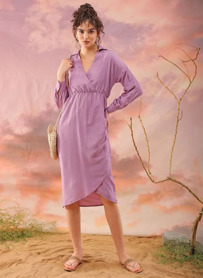 Women Regular Fit Solid Shirt Collar Long Sleeve Wrap Dress