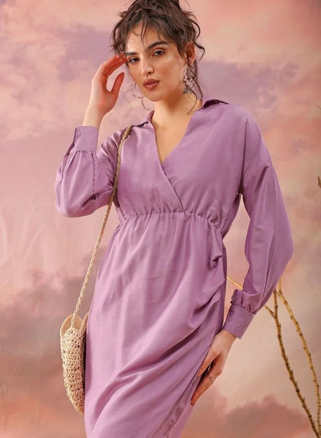 Freehand  Women Regular Fit Solid Shirt Collar Long Sleeve Wrap Dress for Women | Best Price UAE