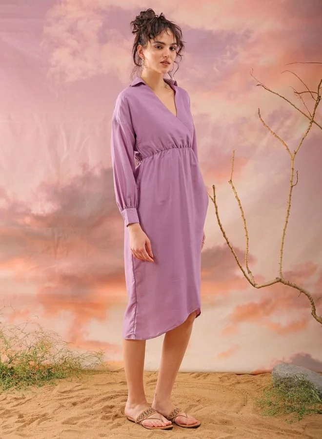 Freehand  Women Regular Fit Solid Shirt Collar Long Sleeve Wrap Dress for Women | Best Price UAE
