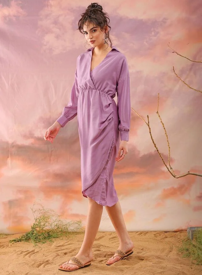 Freehand  Women Regular Fit Solid Shirt Collar Long Sleeve Wrap Dress for Women | Best Price UAE