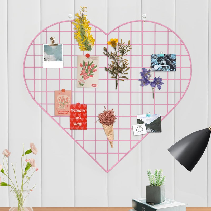 ECLENYES Grid Photo Wall Panels  224x204 Heart Shape Iron Rack Art Wire Board Wall Grid Organizer DIY Photo Frame for Home Office Kitchen Bedroom Christmas Gifts  Pink