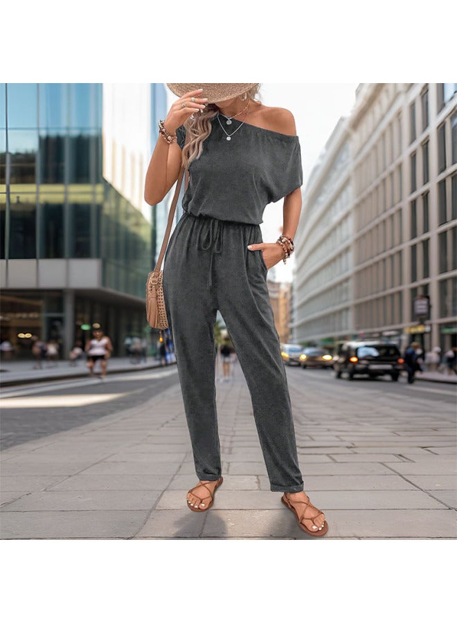 New European And American Summer Women's Oblique Shoulder Solid Color Pants Trousers