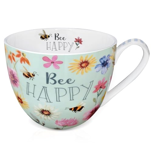 20 oz Bees  Flowers Coffee Hug Mug Be Happy Designed to Spread Joy Premium Bone China Perfect Holiday Birthday and Christmas Gift for Women Designed in England by Harvest Green Studio