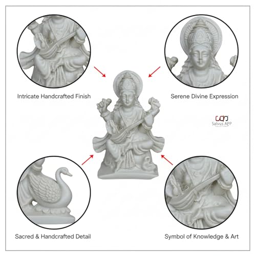 Salvus APP SOLUTIONS Handmade White Marble Dust Maa Saraswati Idol/Statue for Pooja, Home-Office Decor (3x4 inch) - Image 4