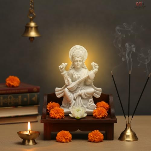 Salvus APP SOLUTIONS Handmade White Marble Dust Maa Saraswati Idol/Statue for Pooja, Home-Office Decor (3x4 inch) - Image 5