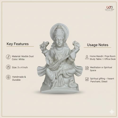 Salvus APP SOLUTIONS Handmade White Marble Dust Maa Saraswati Idol/Statue for Pooja, Home-Office Decor (3x4 inch) - Image 3