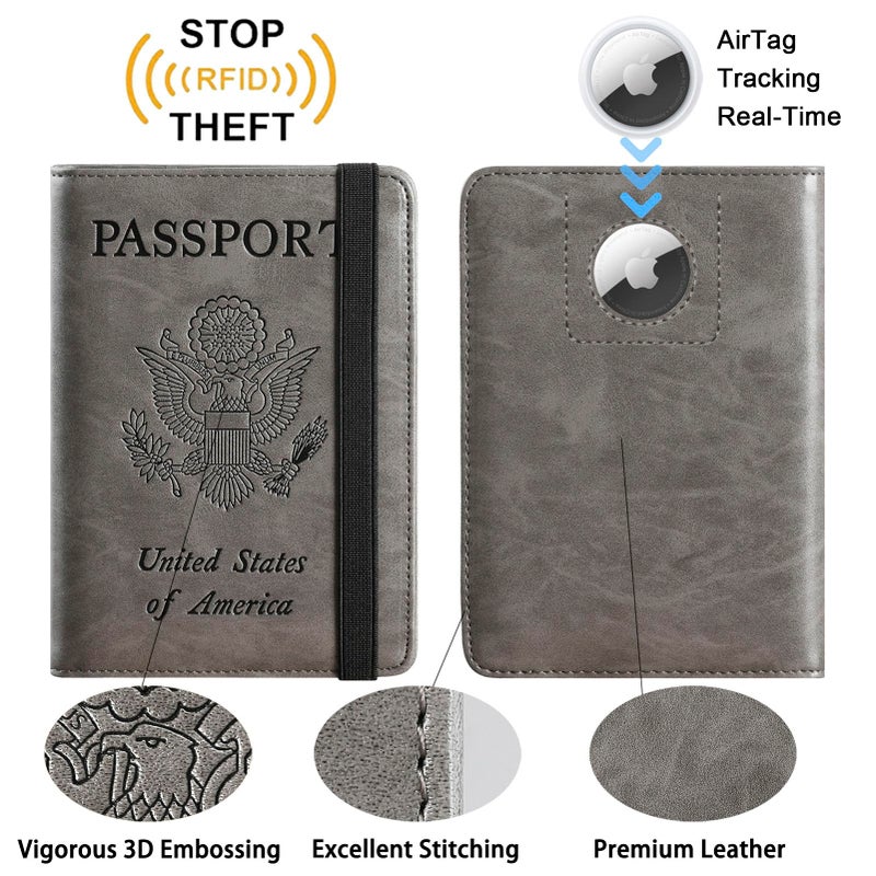 PASCACOO Airtag Passport Holder Cover Wallet Travel Essentials RFID Blocking Leather Card Case International Must Haves Travel Accessories for Women Men(119#Grey) - Image 2