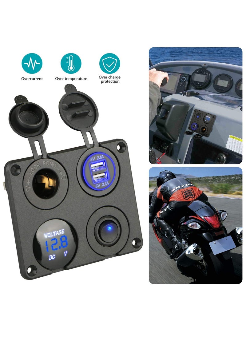 Captaintech 4-in-1 Car Charger Switch Panel with Dual USB Ports, LED Voltmeter, ON/OFF Toggle Switch, and Cigarette Socket for Cars, Boats, and Marine Use (Type A)  - Image 3