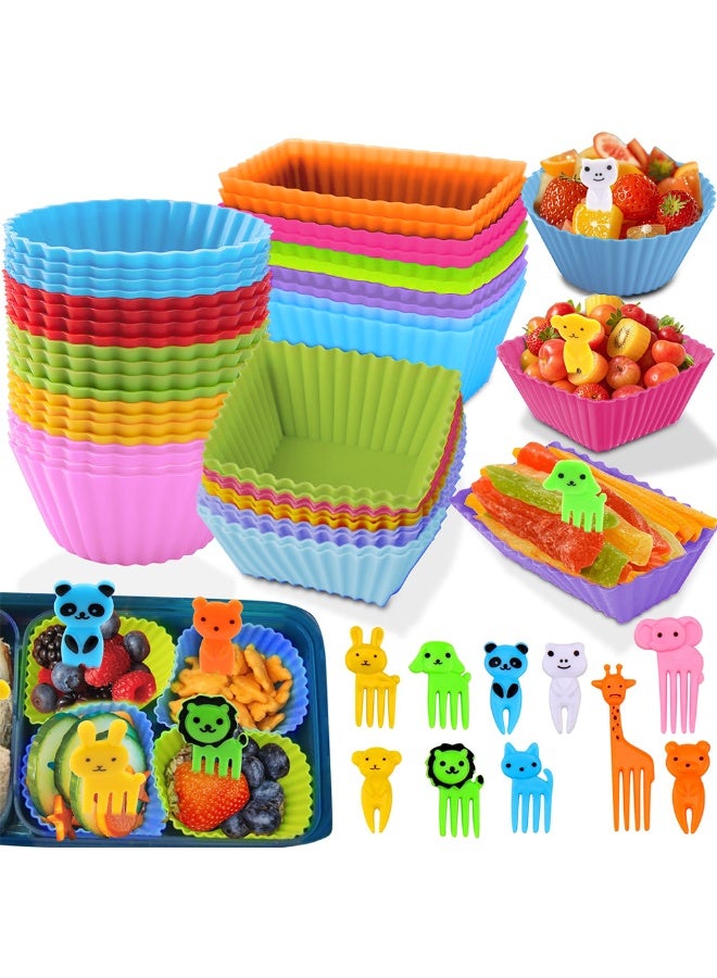 60 سيليكون مربع الغداء فاصل مجموعات ، سميكة سيليكون كأس بطانة الخبز ، قابلة لإعادة الاستخدام للأطفال مع الحيوانات الغذاء مربع بينتو الملحقات ( 40 كعكة قوالب + 20 شوكة الفاكهة ) - Image 2