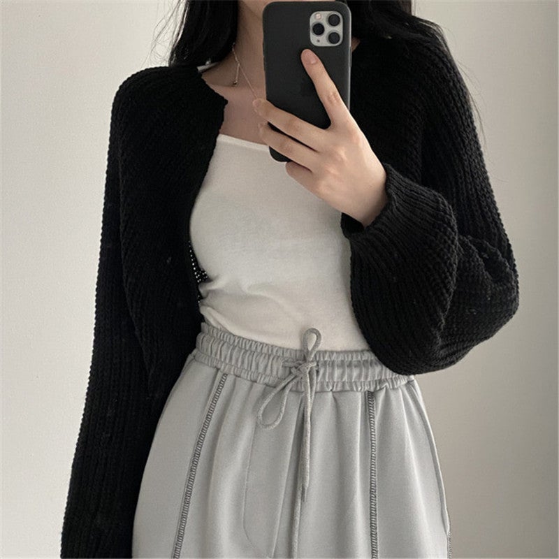 Lazy Style Lantern Sleeve Short Shawl Knitted Coat Womens South Korea chic2024 Autumn French Wall-Shoulder Sweater Black  - Image 1