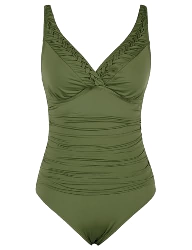 Hilor Women's One Piece Swimsuits Pin Tucked Surplice Swimwear Tummy Control Bathing Suits Monokinis Olive Me 8 - Image 3