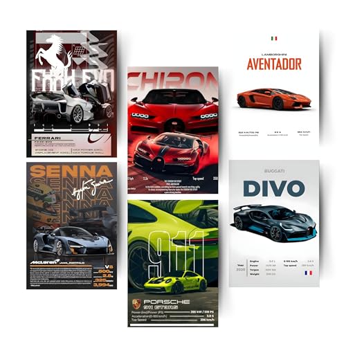 Posters Inc Paper A4 Super Cars Poster Pack of 6 - Room Decor Aesthetic Stuff, Wall Stickers For Home Decoration of Living Room, Bedroom & Office For Motor Sport Enthusiasts - With Glue Dots - Image 1