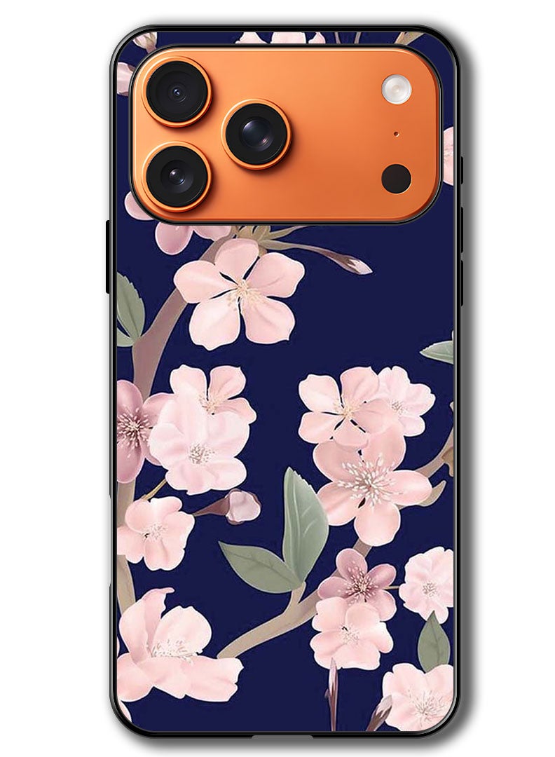 Theodor Case Compatible with Apple iPhone 17 Pro Max 6.9 Inch Protection Shockproof Bumper Cover Pink Flowers In Blue Background - Image 1