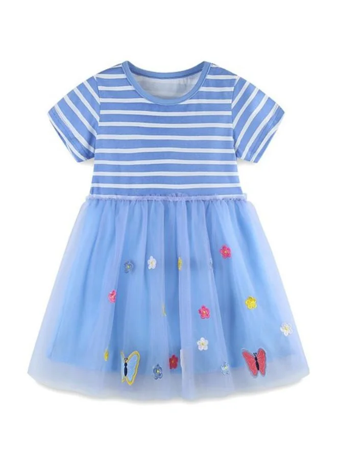 YUNIQEE Blue Fit & Flare Crew Neck Striped Dress