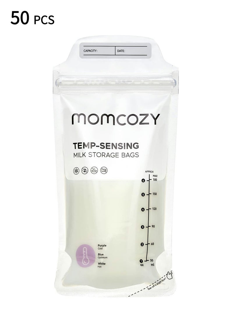 Momcozy - Breast Milk Bags, Temp-Sensing Discoloration Milk Storing Bags for Breastfeeding, Disposable Milk Storage Bag with 6 Ounce Self Standing, No-Leak Milk Freezer Storage Pouches - Image 1
