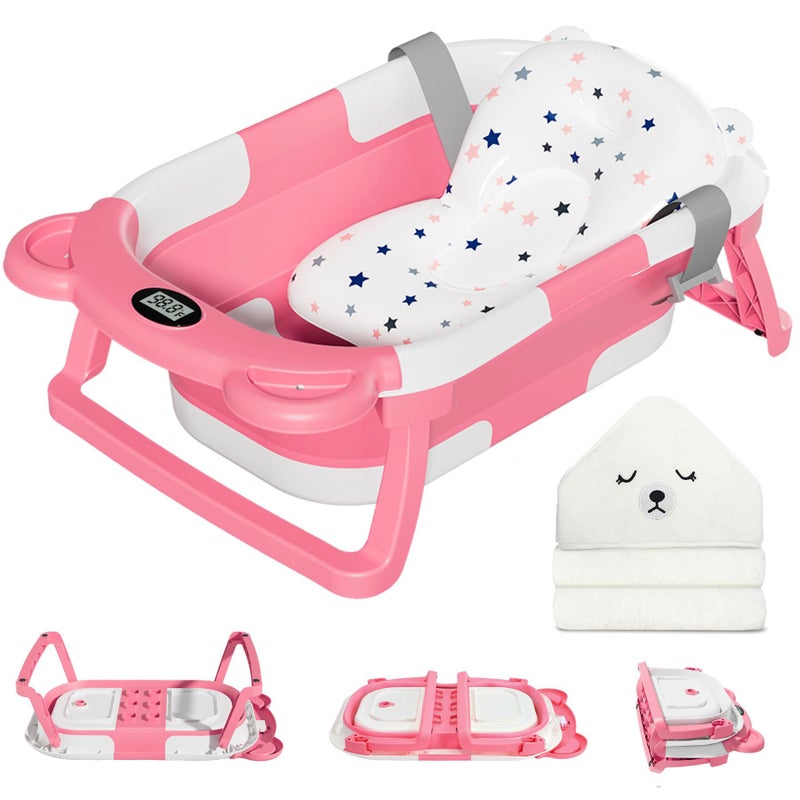 MoreFeel Collapsible Baby Bathtub for Newborn with Thermometer 1 Hooded Towel 1 Soft Floating CushionPortable Travel Bathtub with Drain Hole Durable Foldable Baby Tubs for Infants to Toddler