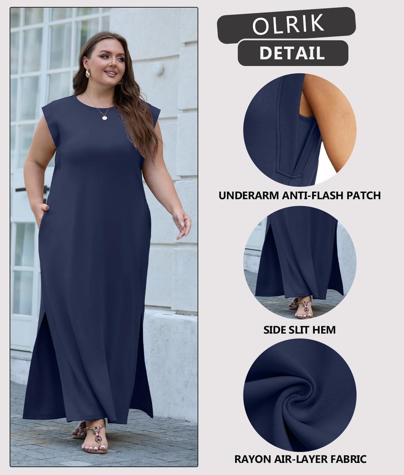 OLRIK Plus Size Maxi Dress Summer 2025 Round Neck Casual Loose Split Wrinkle-Free Long Sundress with Pockets Navy Blue-3X - Image 5