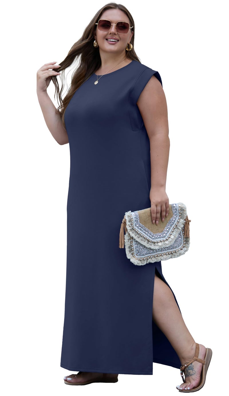 OLRIK Plus Size Maxi Dress Summer 2025 Round Neck Casual Loose Split Wrinkle-Free Long Sundress with Pockets Navy Blue-3X - Image 4