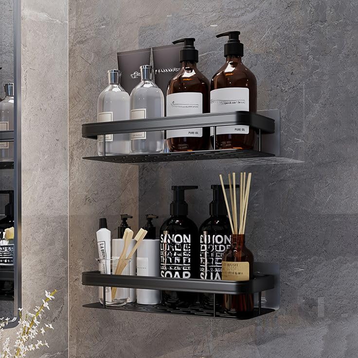 Oslen Self-Adhesive Multipurpose Wall Mounted Bathroom Shelf and Rack for Bathroom and Kitchen Plastic Bathroom Shelf for Wall, Bathroom Organiser Without Drill, 1 Pcs Black Bathroom Shelf - Image 3