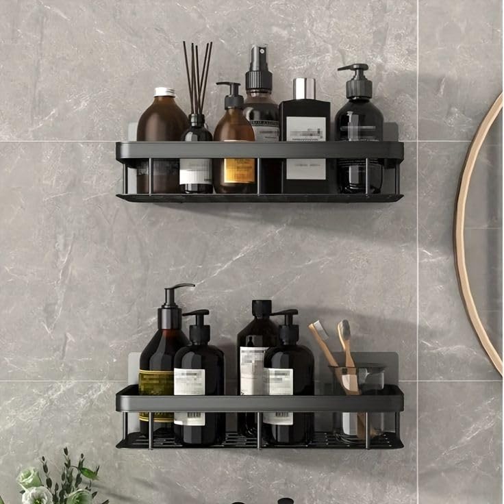 Oslen Self-Adhesive Multipurpose Wall Mounted Bathroom Shelf and Rack for Bathroom and Kitchen Plastic Bathroom Shelf for Wall, Bathroom Organiser Without Drill, 1 Pcs Black Bathroom Shelf - Image 4