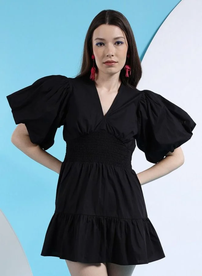 Women Fit and Flared Solid V-Neck Short Sleeve A-line Dress