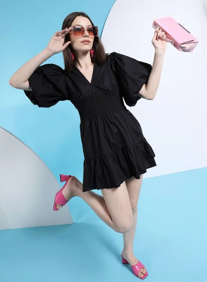 Freehand  Women Fit and Flared Solid V-Neck Short Sleeve A-line Dress for Women | Best Price UAE