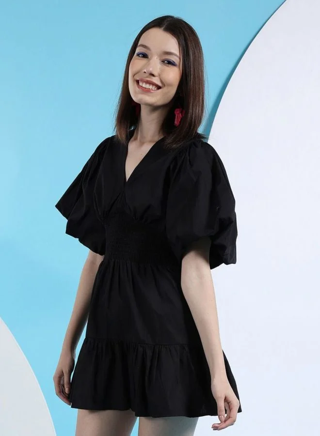 Freehand  Women Fit and Flared Solid V-Neck Short Sleeve A-line Dress for Women | Best Price UAE