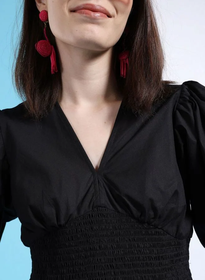 Freehand  Women Fit and Flared Solid V-Neck Short Sleeve A-line Dress for Women | Best Price UAE