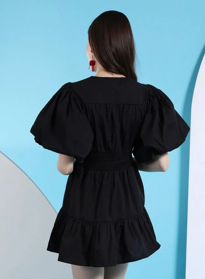 Freehand  Women Fit and Flared Solid V-Neck Short Sleeve A-line Dress for Women | Best Price UAE