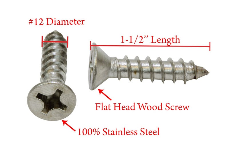 Bolt Dropper #12 X 1-1/2'' Stainless Steel Flat Head Phillips Wood Screw, (25 pc), 18-8 (304) Stainless Steel Sheet Metal Screws - Type A Point, Plain Finish - Image 2