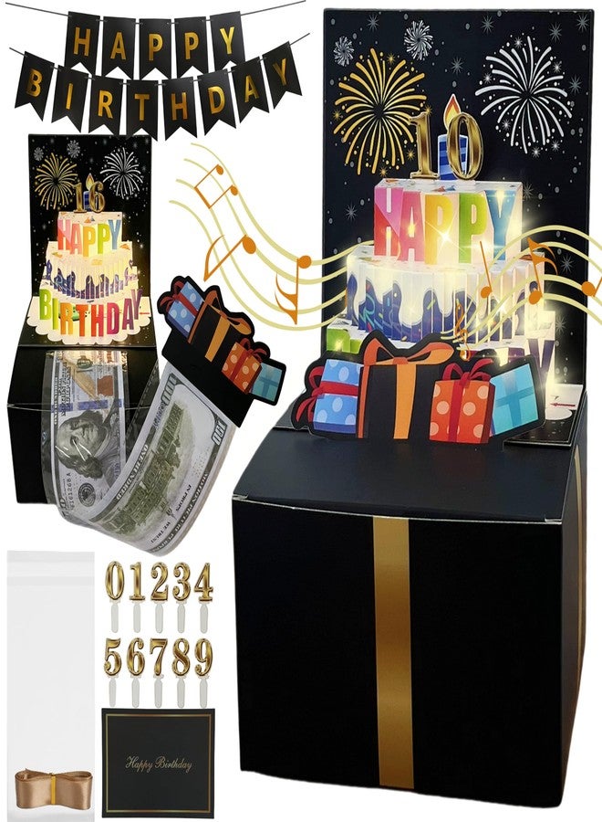 JINSTABAG Birthday Money Box for Cash Gift, Money Pull Box with Music Light and DIY Number Placard 13th 16th 18th 21th for Any Age, Birthday Decorations for Boys Girls Kids Adult - Image 1