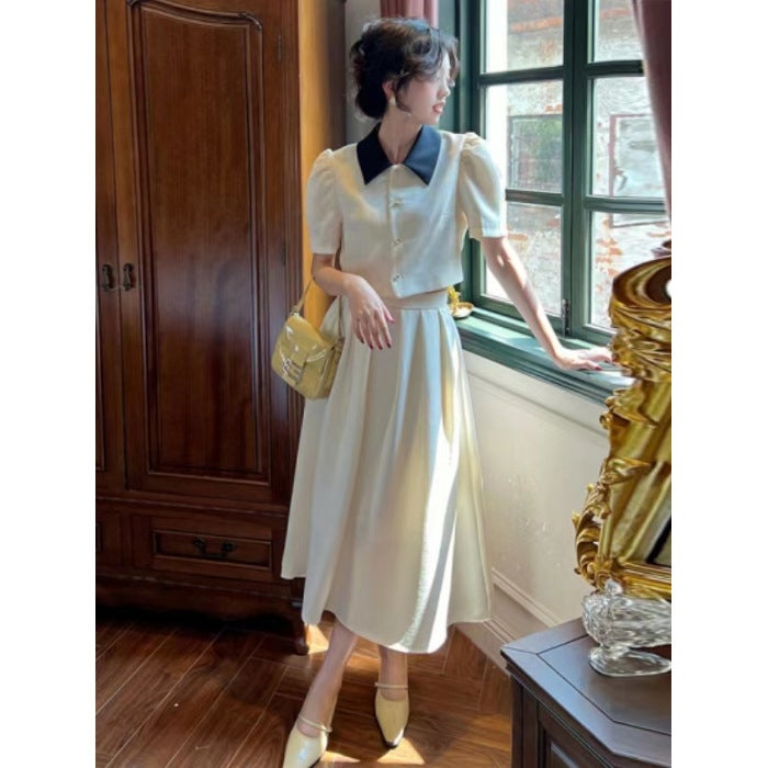 Chanel Style French High-end Polo Collar Small Coat Top High Waist Umbrella Skirt Fashion Two-piece Suit Summer New apricot suit (lined)