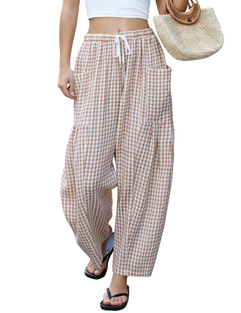 LOMON Women's Linen Pants Casual Loose Palazzo Harem Pants Wide Leg Pants Drawstring Travel Beach Pants(Orange and White Plaid,XXL) - Image 1