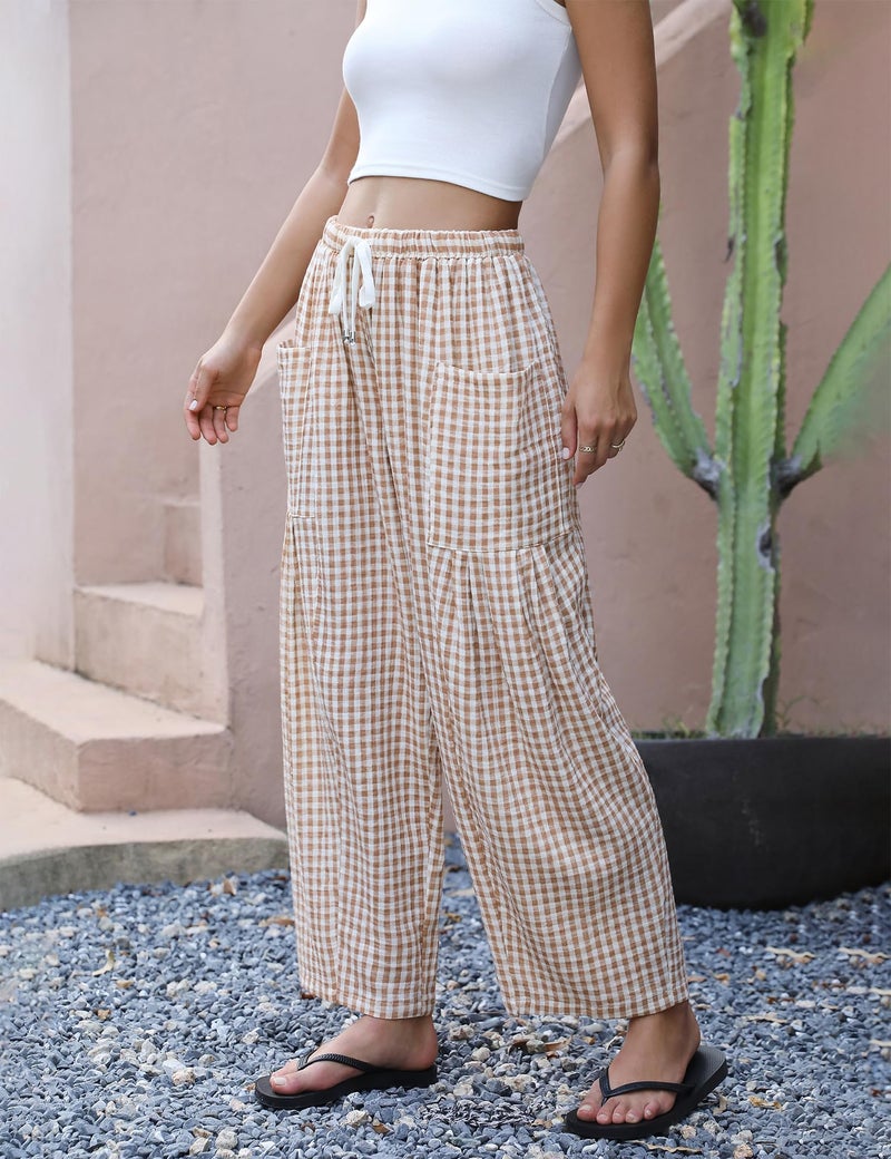 LOMON Women's Linen Pants Casual Loose Palazzo Harem Pants Wide Leg Pants Drawstring Travel Beach Pants(Orange and White Plaid,XXL) - Image 2