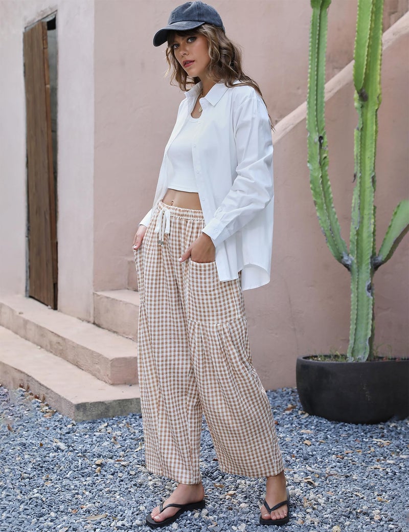LOMON Women's Linen Pants Casual Loose Palazzo Harem Pants Wide Leg Pants Drawstring Travel Beach Pants(Orange and White Plaid,XXL) - Image 5
