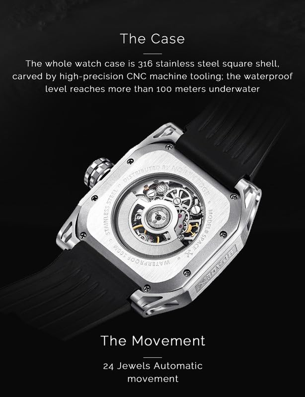 NORTH EDGE Automatic Mechanical Men's Skeleton Stainless Steel Silver Seagull Movement Analog Wristwatch For Men - Space X - Image 5