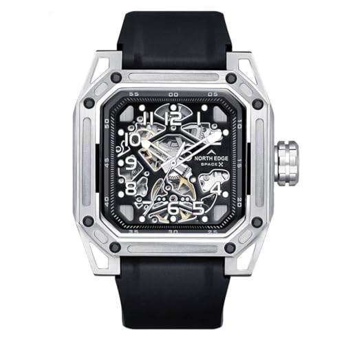 NORTH EDGE Automatic Mechanical Men's Skeleton Stainless Steel Silver Seagull Movement Analog Wristwatch For Men - Space X - Image 1