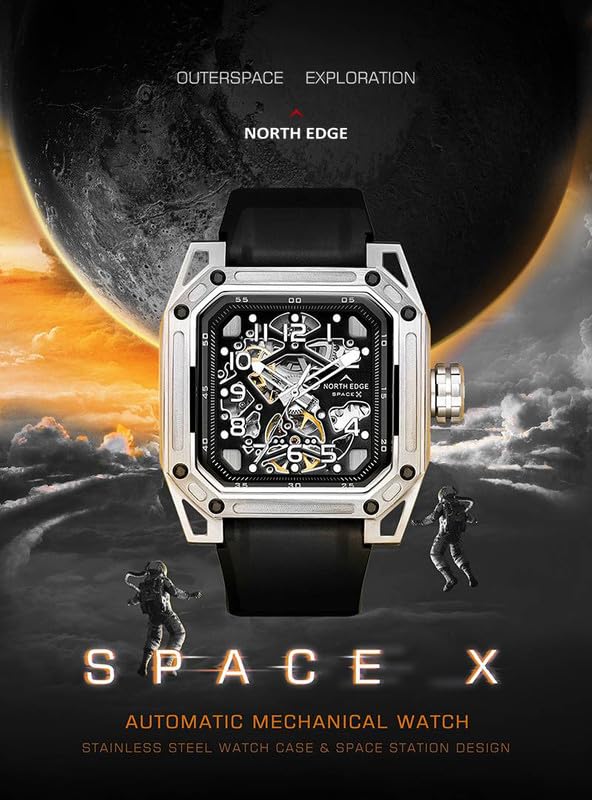 NORTH EDGE Automatic Mechanical Men's Skeleton Stainless Steel Silver Seagull Movement Analog Wristwatch For Men - Space X - Image 4