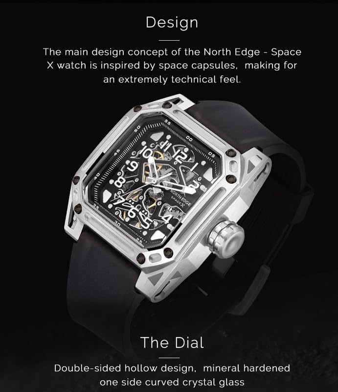 NORTH EDGE Automatic Mechanical Men's Skeleton Stainless Steel Silver Seagull Movement Analog Wristwatch For Men - Space X - Image 3
