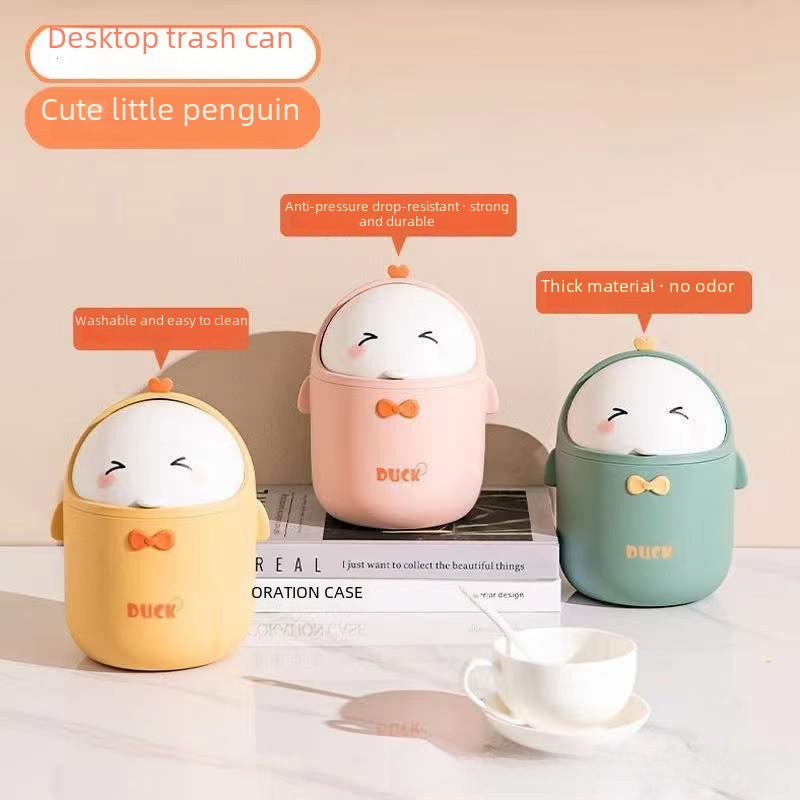 Little Penguin Desktop Trash Bin with Lid Office Trash Can Internet Popular Living Room Home Bedroom Bedside Table Trash Basket(Little Yellow Penguin) - Image 2