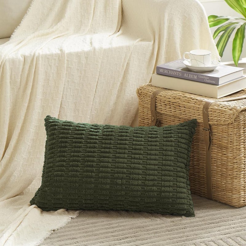 Fancy Homi 4 Packs Boho Olive Green Decorative Throw Pillow Covers 12x20 Inch for Couch Bed Sofa, Rustic Modern Farmhouse Home Decor, Soft Plush Corduroy Cute Square Cushion Case 30x50 cm - Image 2